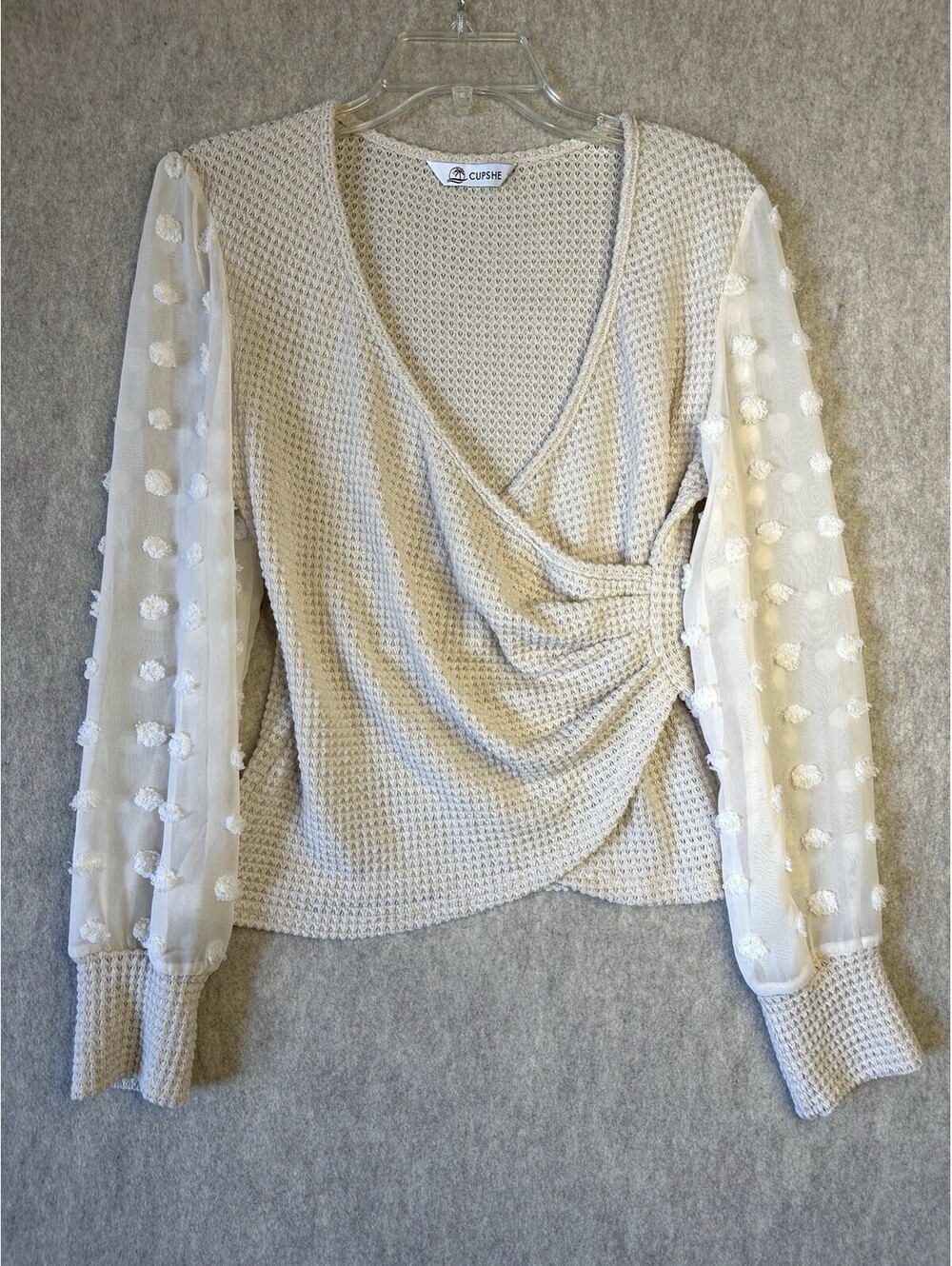 CUPSHE Wrap Waffle Knit Top Sheer Sleeve With Poms Beige Women’s Small